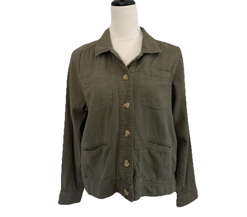 Lucky Brand Linen Blend Jacket Shacket Womens Medium Olive Green Button Front